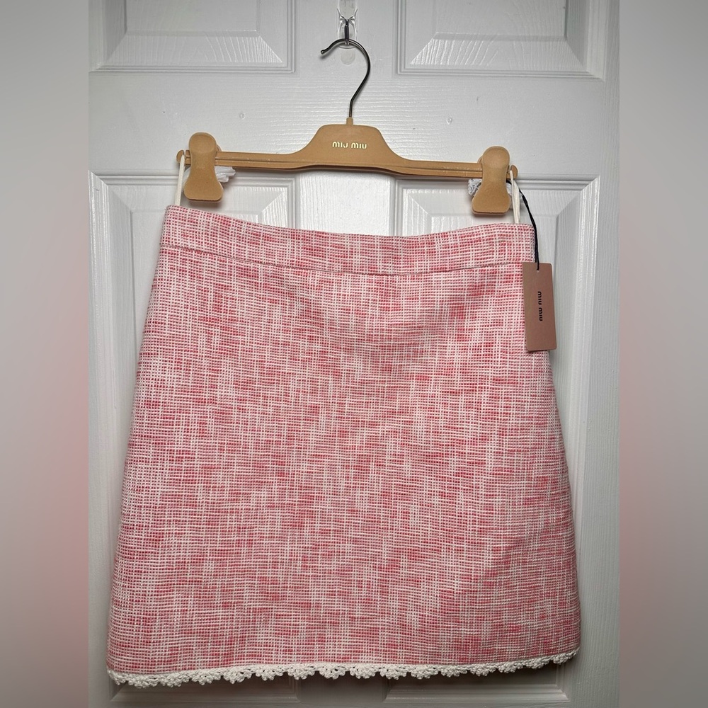Miu Miu Coral Tweed Crochet Hem Mini Skirt Sz 44 IT / US 8 NWT $2,200 MSRP